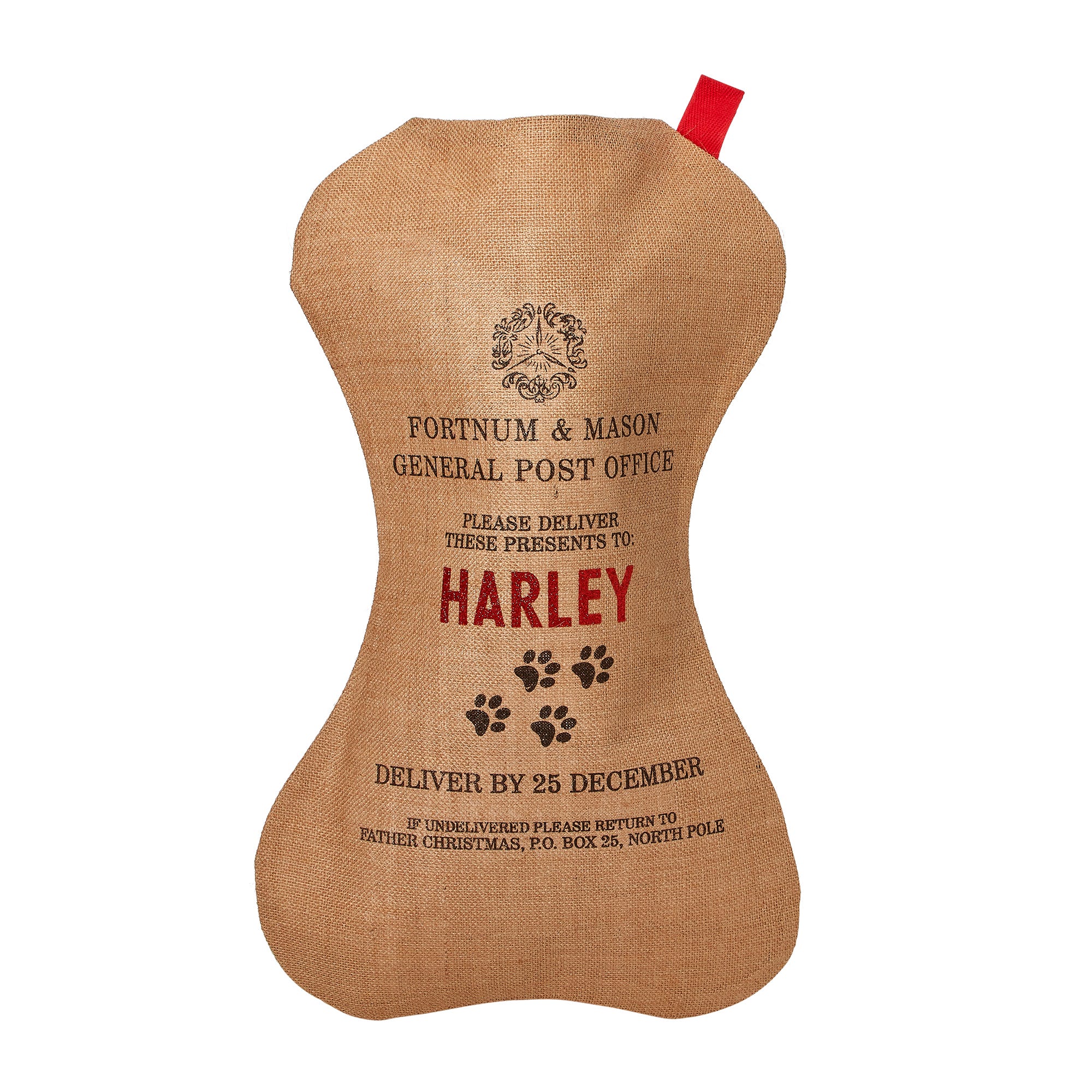 Personalised Dog Bone Hessian Santa Stocking, Fortnum & Mason