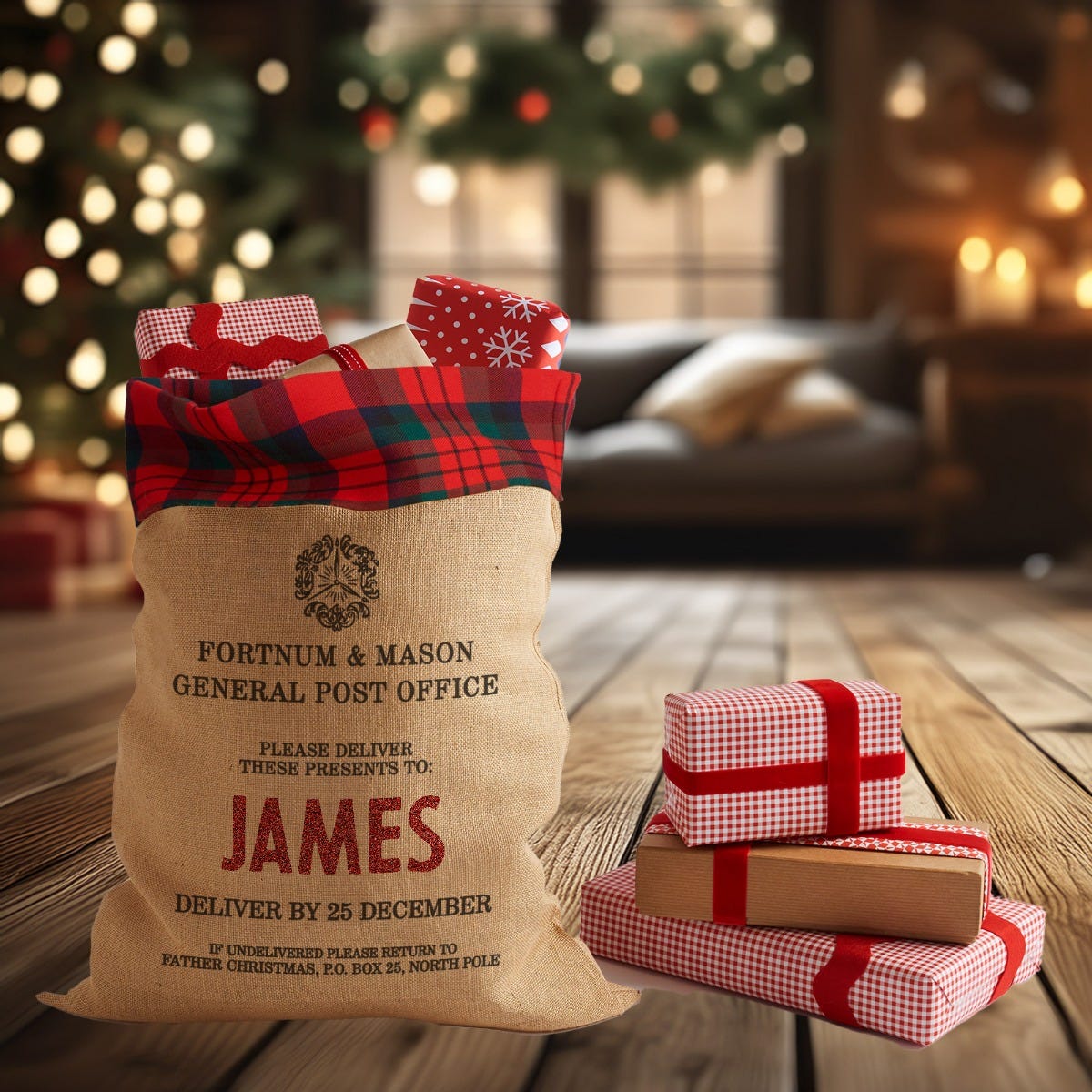 Personalised Tartan Hessian Santa Sack Medium