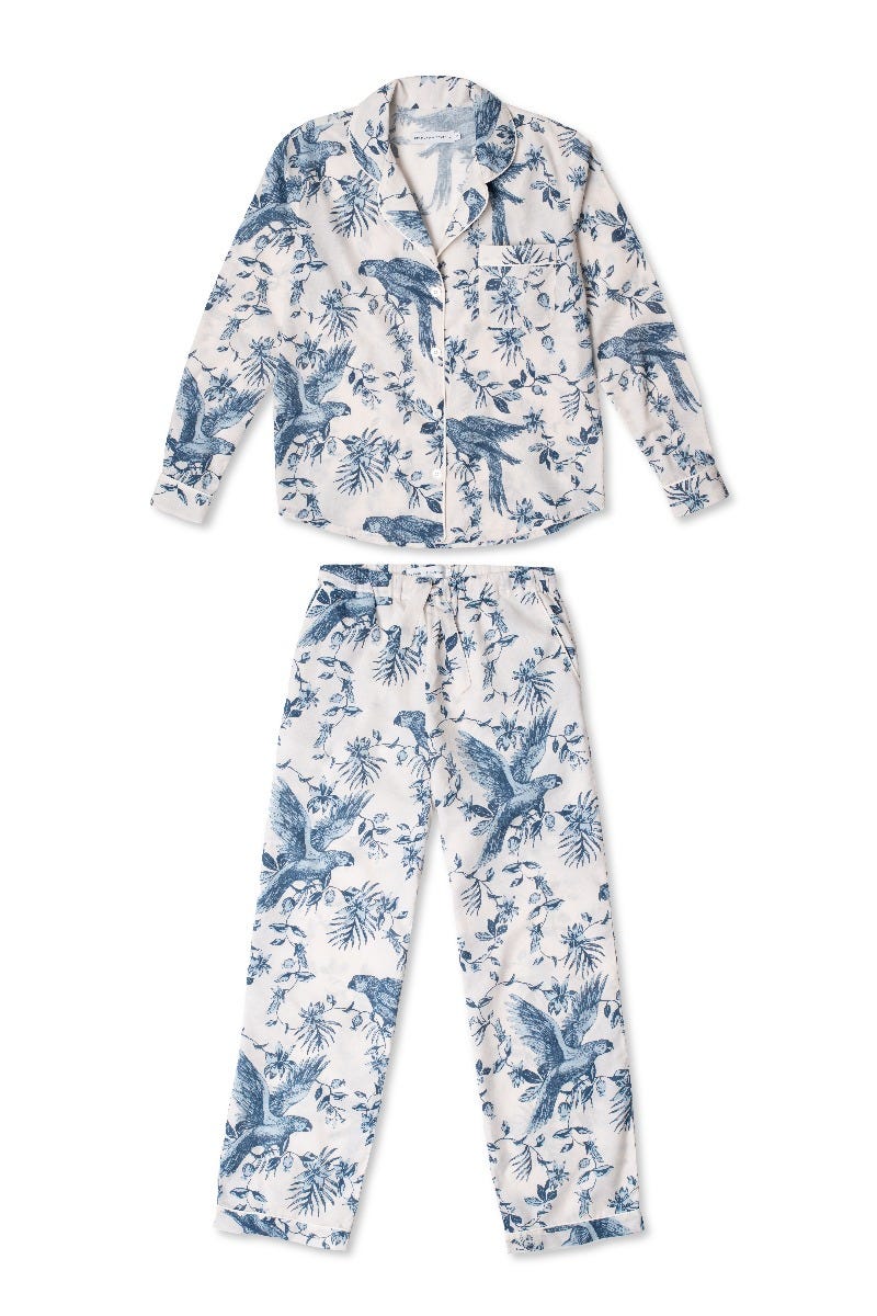 Desmond & Dempsey Bromley Parrot Long Pyjamas, Cream & Blue, Large