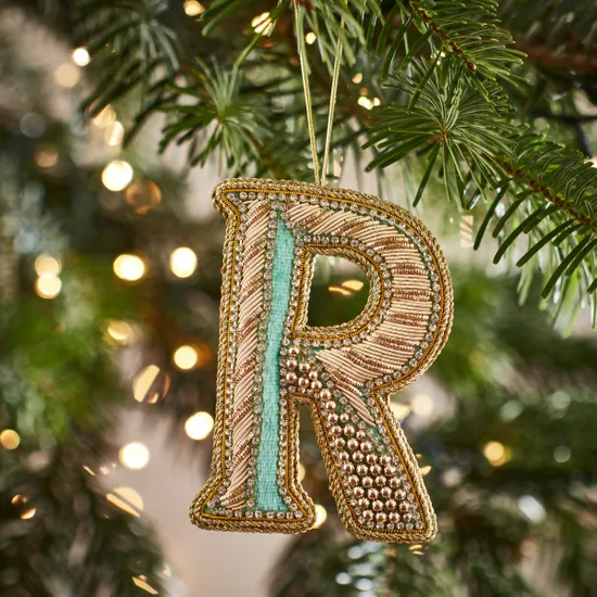 Fortnum's Eau de Nil Embroidered Alphabet Christmas Decoration, R product image