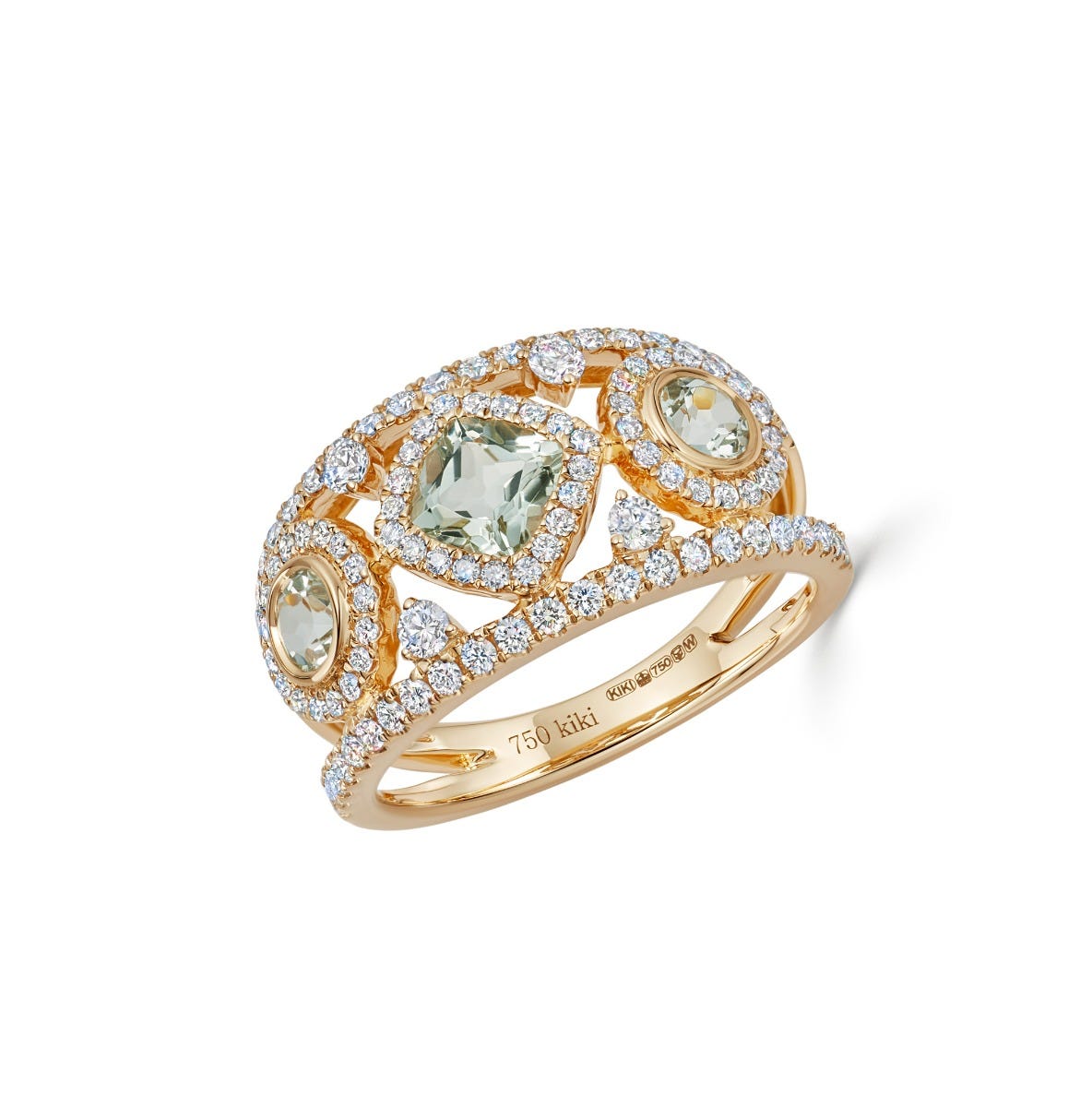 Kiki McDonough Firefly Cushion Cut Green Amethyst Diamond Ring Yellow Gold