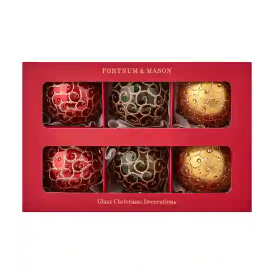 Red, Green & Gold Swirl Baubles, Set of 6 product image