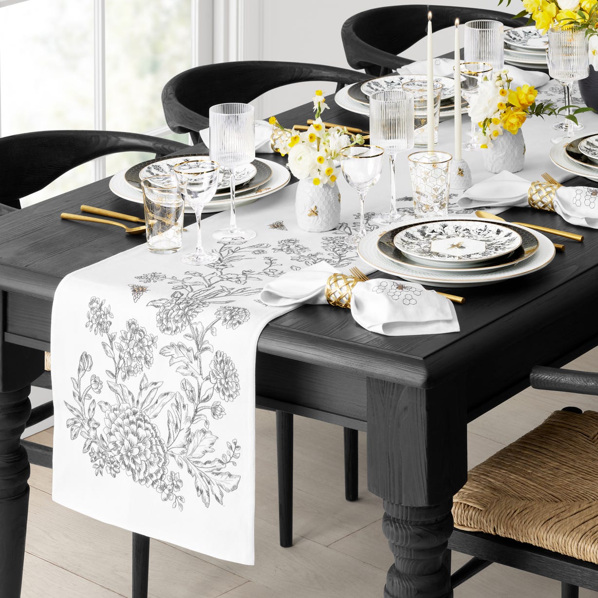 Williams Sonoma Bee Embroidered Grey Table Runner
