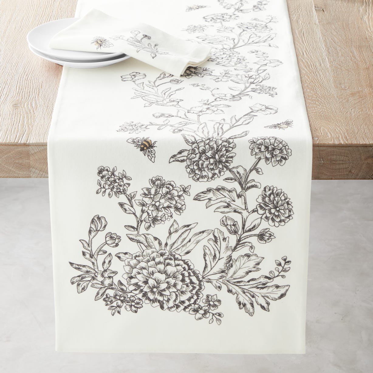 Williams Sonoma Bee Embroidered Grey Table Runner