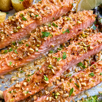 One-Tray Honeyed Salmon with Jersey Royals & Asparagus